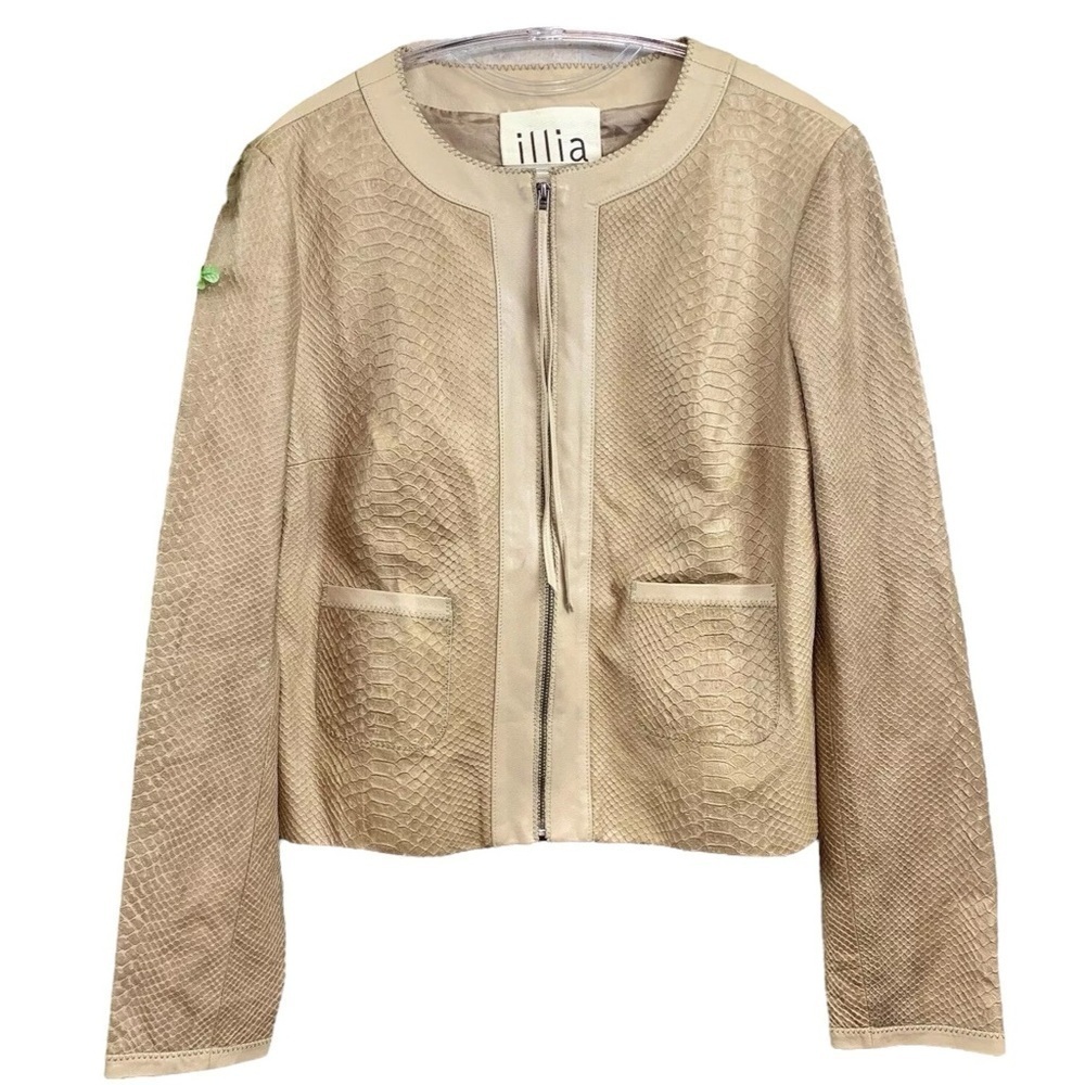 Illia Genuine Leather Animal Snakeskin Textured Zip Moto Jacket Beige Tan Size 8 - Picture 8 of 8